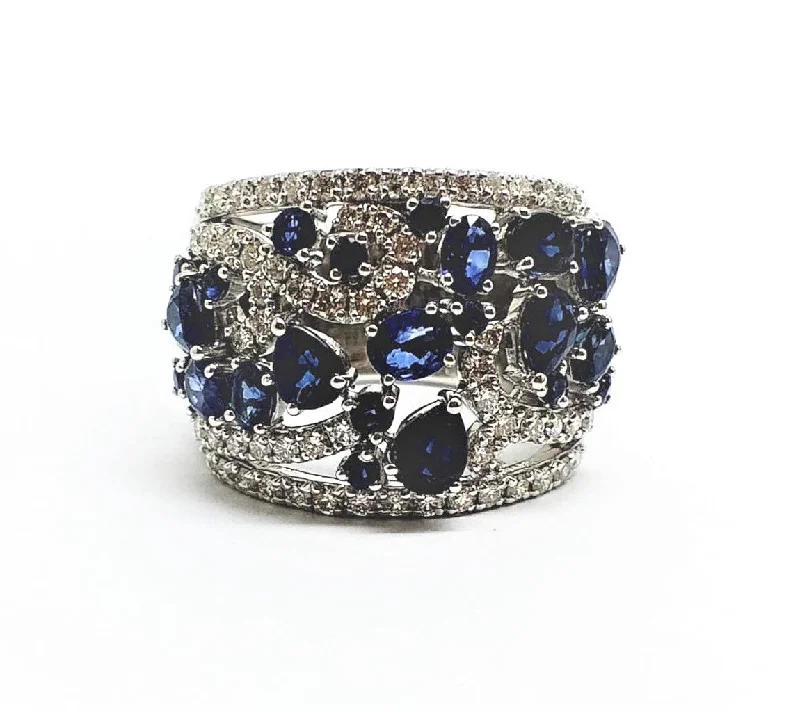 Custom Infinity Wedding Rings-Blue sapphire & Diamond wide band ring in white gold (18MM)