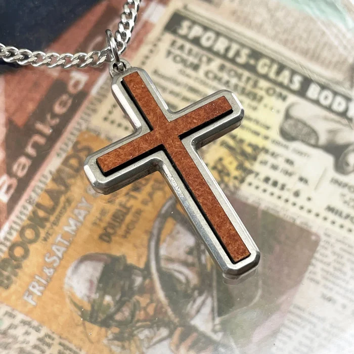 Luxury Necklaces with Diamonds-Cross Wood Inlay Antique Silver Pendant Stainless Steel Curb Chain Necklace