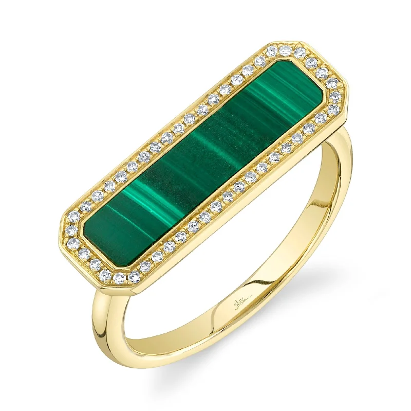 Stylish Wedding Rings for Brides-14K Yellow Gold Diamond & Malachite Bar Ring