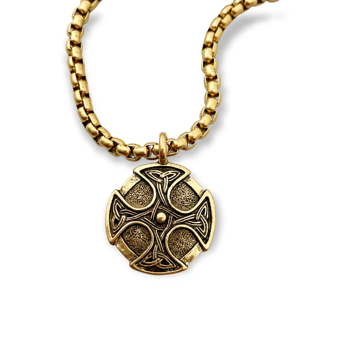 Heart Charm Necklaces-Celtic Cross Trinity Shield Gold Finish Pendant Gold Stainless Steel Heavy Chain Necklace