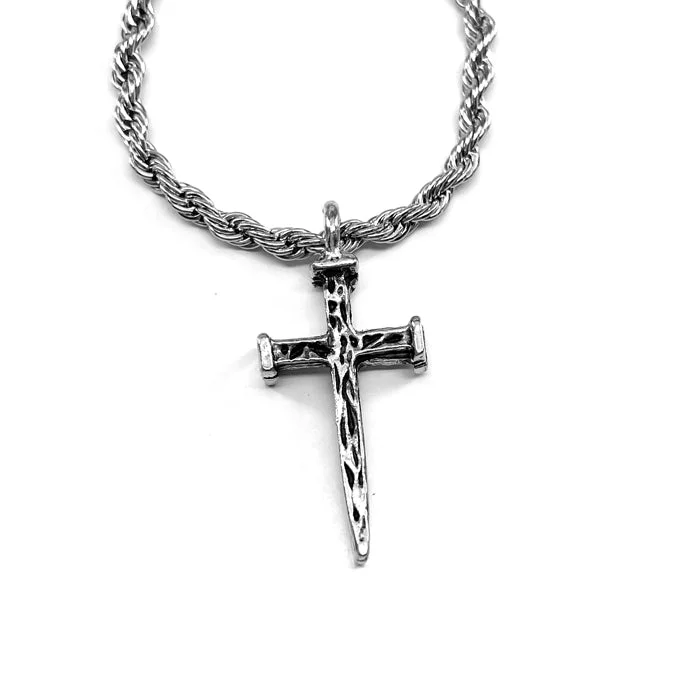 Retro Style Necklaces-Nail Cross Antique Silver Stainless Steel Rope Chain Necklace