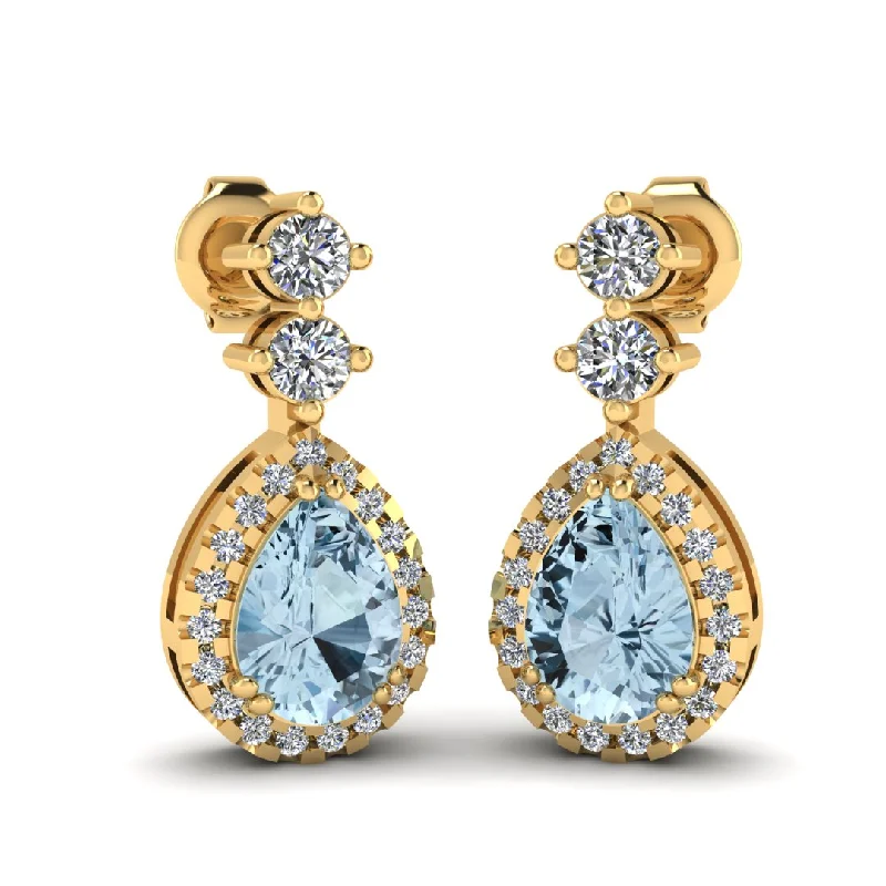 Ethnic Silver Earrings-Aquamarine 1.30 Carat Pear Shape Halo Lab Grown Diamond Drop Earrings E1PSA