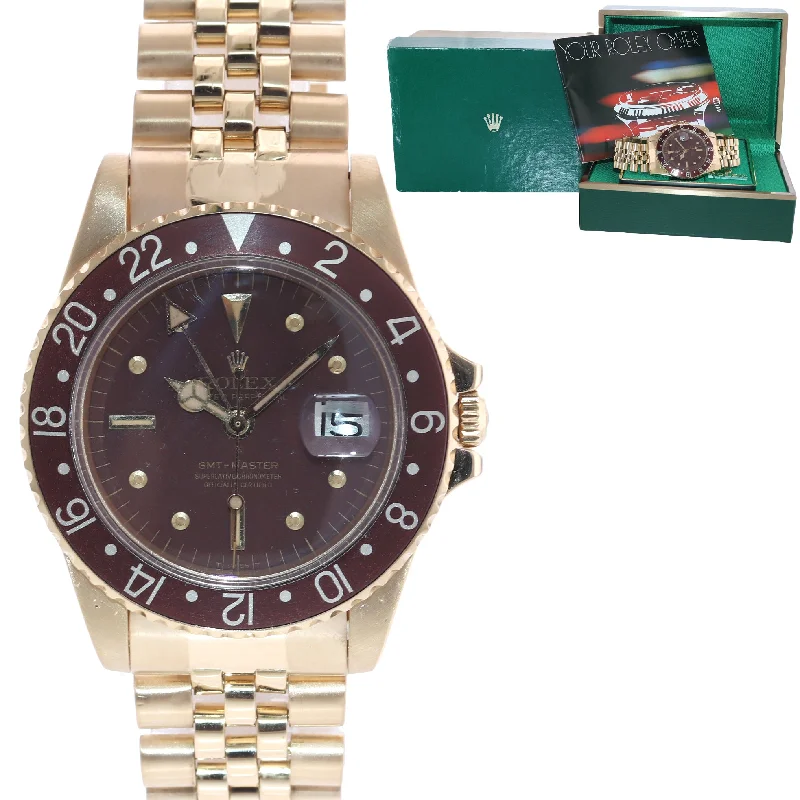 Personalized Watches with Photos-Rolex GMT-Master 1675 Jubilee 18k Yellow Gold Nipple Root Beer Watch Box