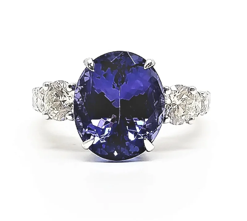 Rose Gold Diamond Rings-TANZANITE AND DIAMOND QUEEN RING IN 14K WHITE GOLD AD NO.2152