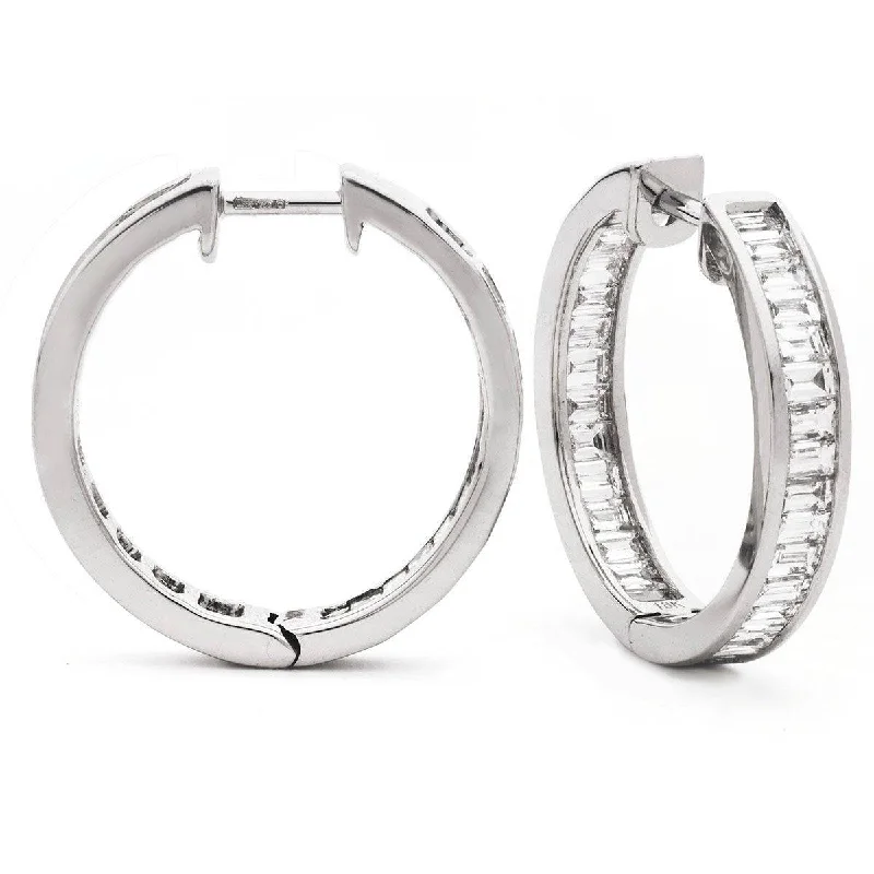 Pink Crystal Earrings-BAGUETTE CUT DIAMOND CHANNEL SETTING HOOP EARRINGS IN 18K WHITE GOLD