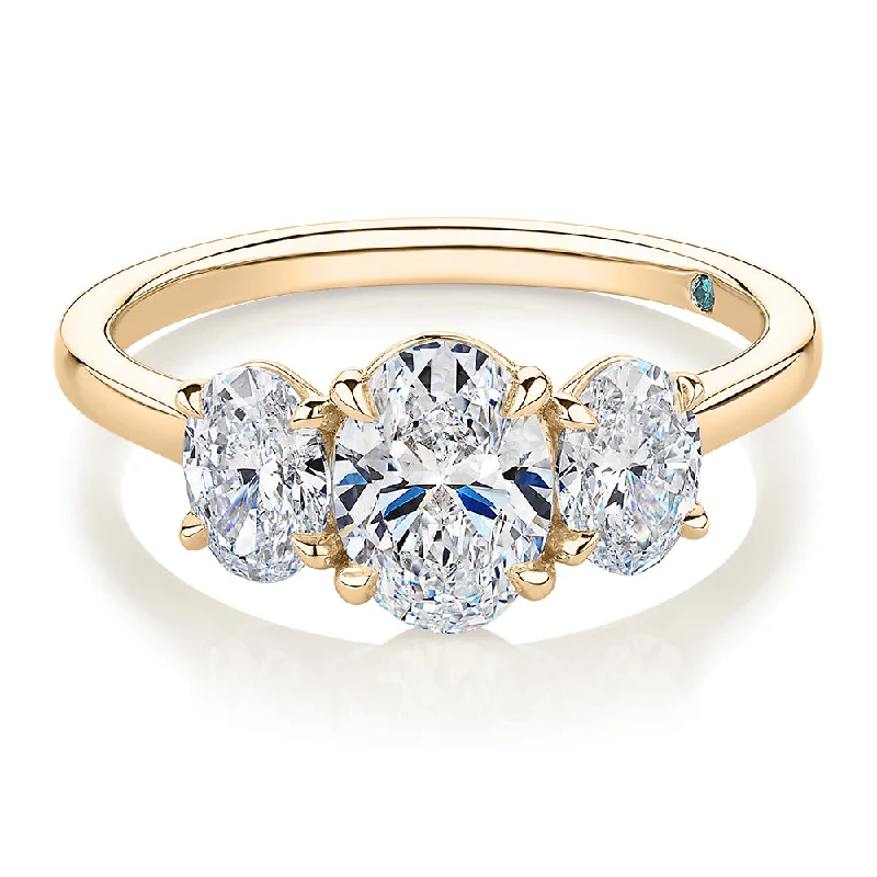 Custom Engagement Rings-Premium Certified Lab-Grown Diamond, 1.87 carat TW oval three stone ring in 18 carat yellow gold