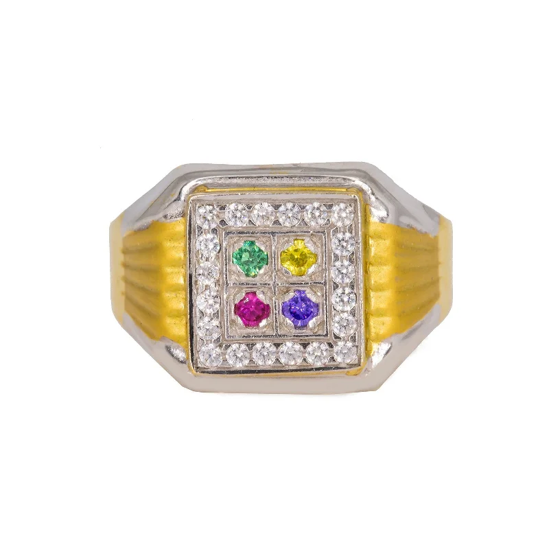 Simple Gold Rings for Men-22K Multi Tone Gold Men's Signet Ring W/ Ruby, Emerald, Sapphire & CZ Gems