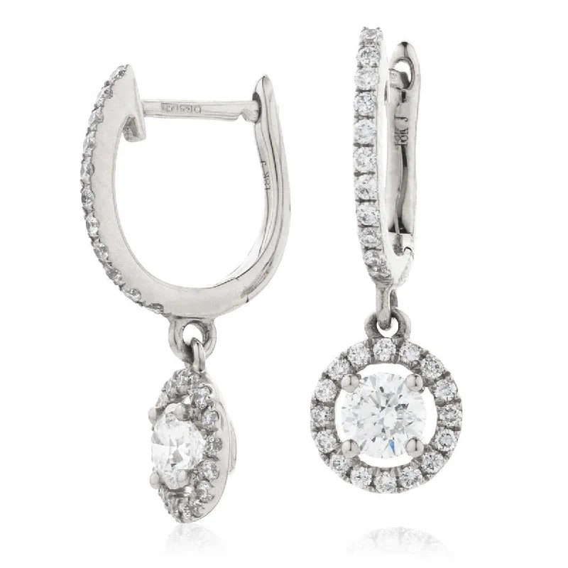 Modern Geometric Earrings-DIAMOND HALO DROP HOOP EARRINGS IN 18K WHITE GOLD