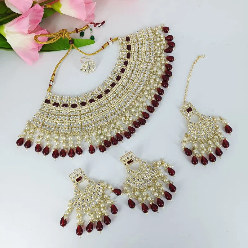 Custom Gemstone Necklaces-Kavita Art Gold Plated Kundan Stone And Pearl Choker Necklace Set