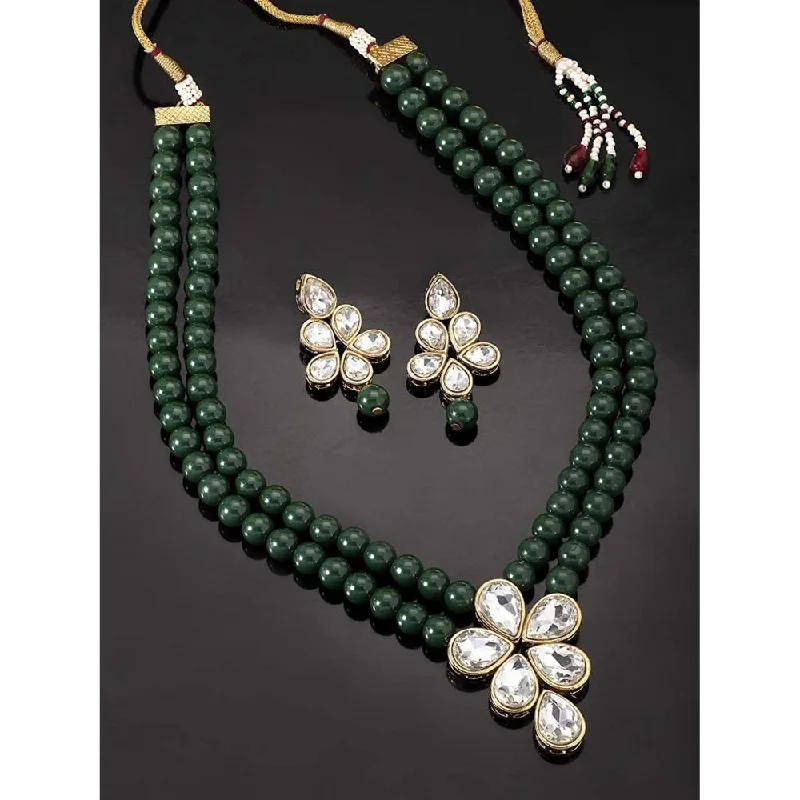 Green Gemstone Necklaces-Etnico Gold Plated Traditional Kundan & Pearl Studded Necklace Jewellery Set For Women (ML311G)