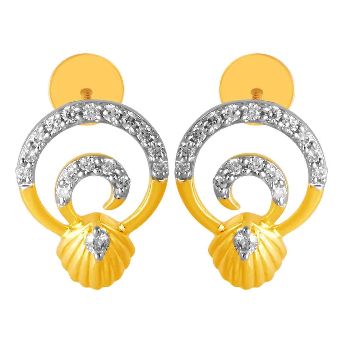 Wedding Party Earrings-14KT (585) Yellow Gold & Diamond Stud Earrings With A Spiral and Shell Design