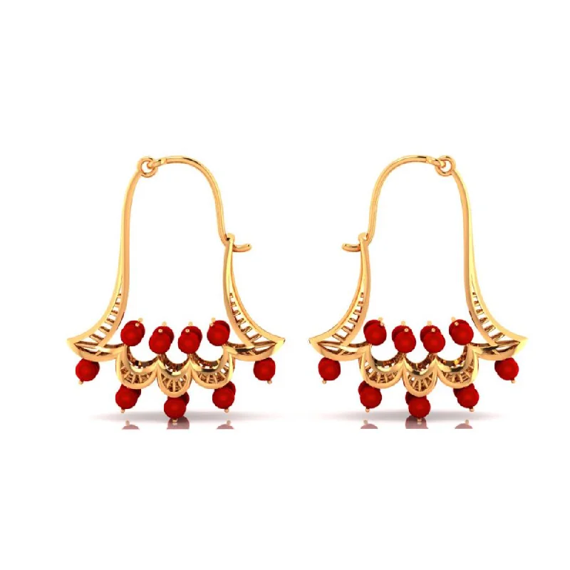 Simple Gemstone Earrings-18k Gold Earrings With Floral Designs And Red Stones