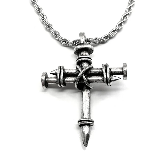 Luxury Necklaces with Diamonds-Nail Cross Necklace Antique Silver Finish Rope Chain