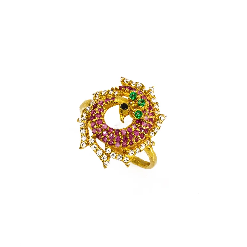 Minimalist Promise Rings-22K Yellow Gold Peacock Ring W/ Colored CZ Encrusted Circlet Body & Spread Train