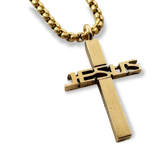 Personalized Family Necklaces-Jesus Cross Gold Finish Pendant Gold Heavy Chain Necklace