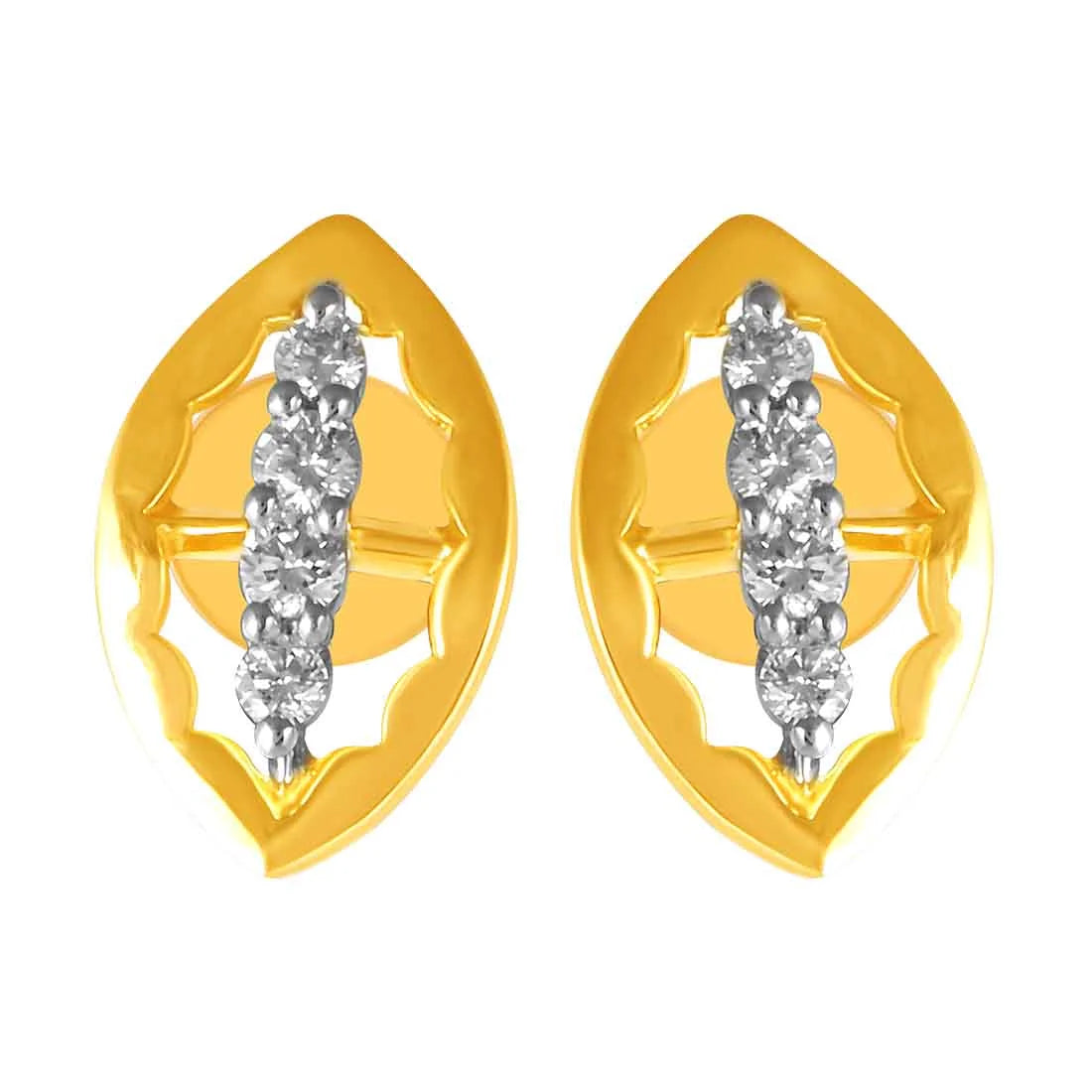 Simple Rose Gold Earrings-14KT (585) Yellow Gold & Diamond Leaf Shaped Stud Earrings