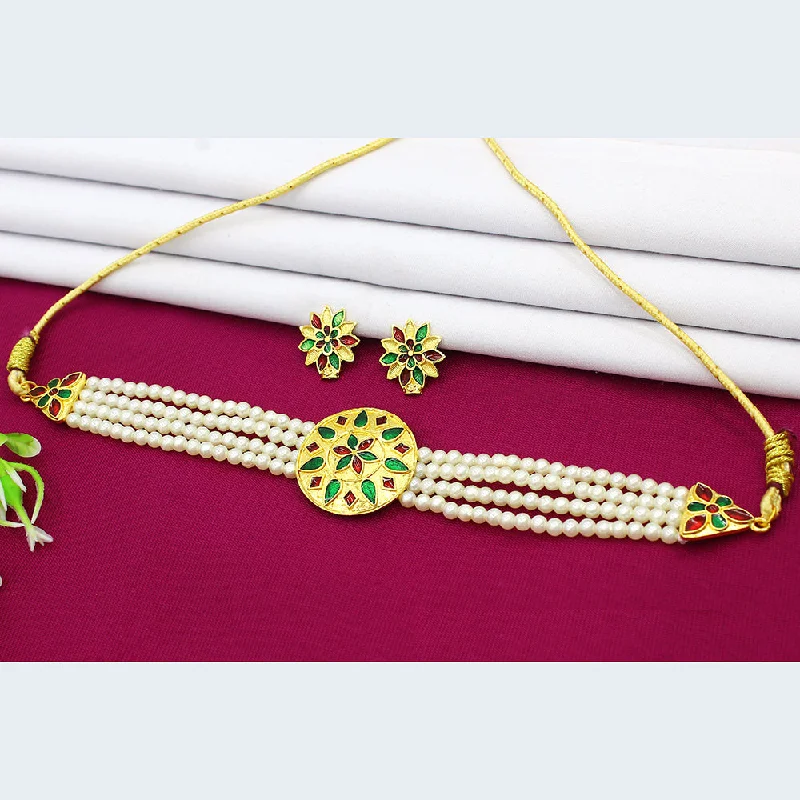 Sterling Silver Necklaces-Mahavir Dye Gold Pearl Choker Necklace Set