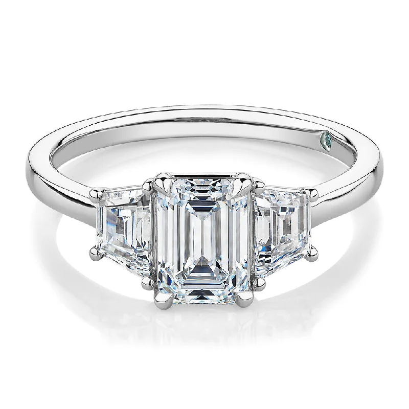 Engraved Wedding Rings-Premium Certified Lab-Grown Diamond, 1.87 carat TW emerald cut three stone ring in 18 carat white gold