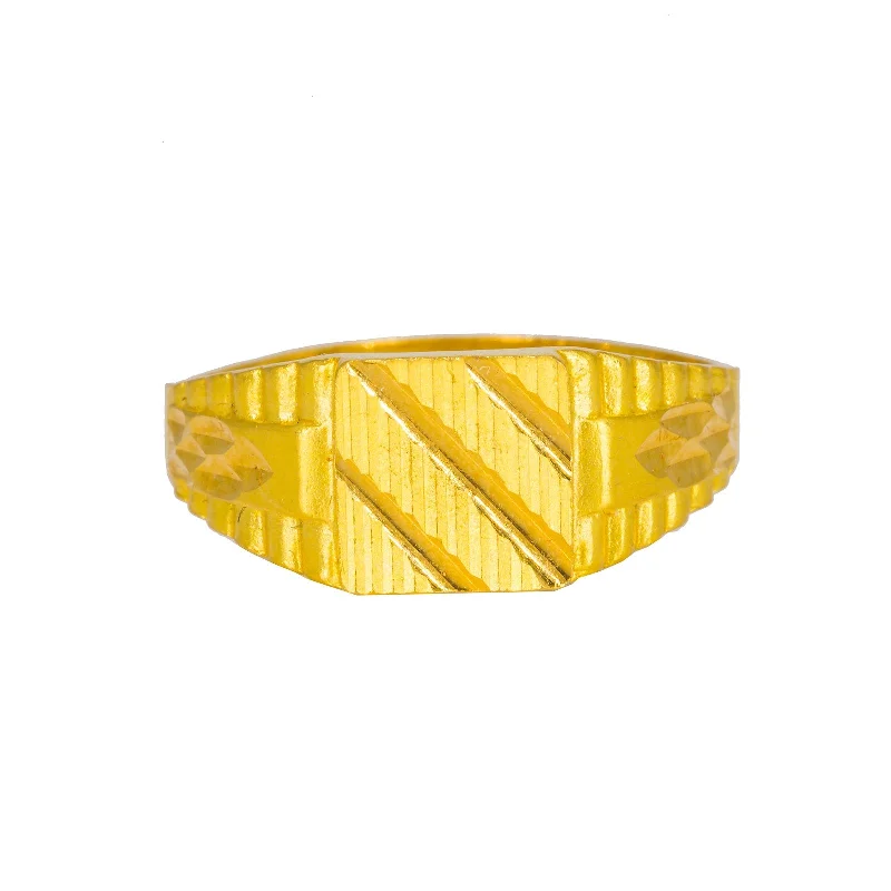 Birthstone Stackable Rings-22K Yellow Gold Men's Signet Ring W/ Line Square Face & Ribbed Shank