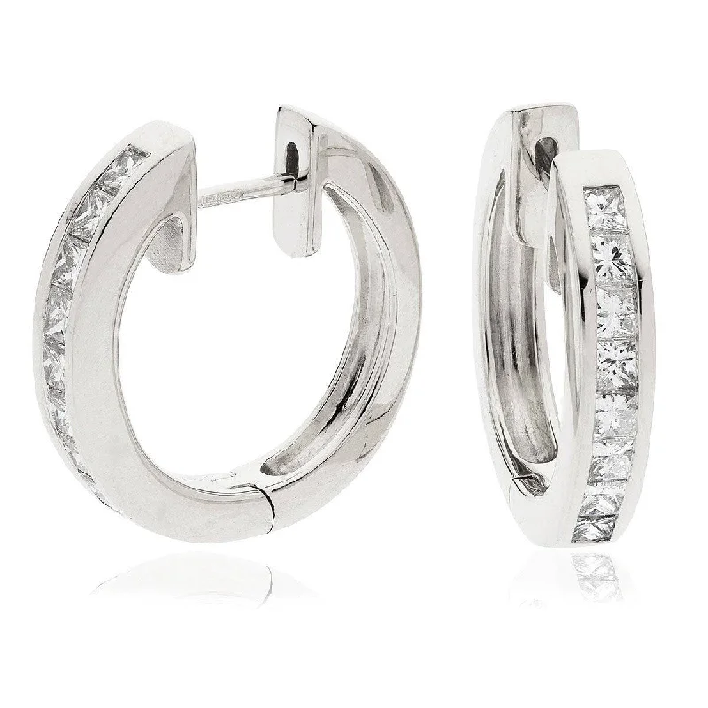 Elegant Bead Earrings-PRINCESS CUT DIAMOND CHANNEL SETTING HOOP EARRINGS IN 18K WHIE GOLD