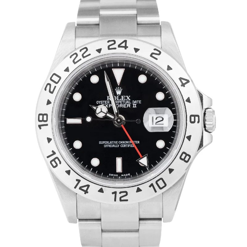 Solar Watches for Hiking Adventures-NO-HOLES CASE Rolex Explorer II Stainless Steel Black 40mm GMT Date Watch 16570