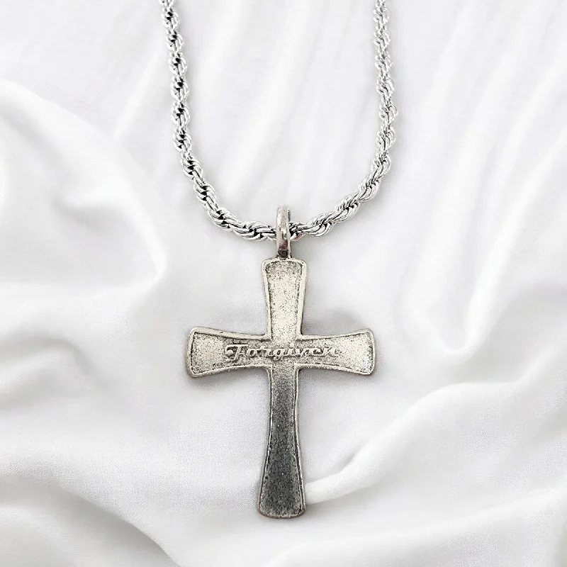 Multi-Strand Necklaces-Cross Forgiven Antique Silver Metal Finish Rope Chain Necklace