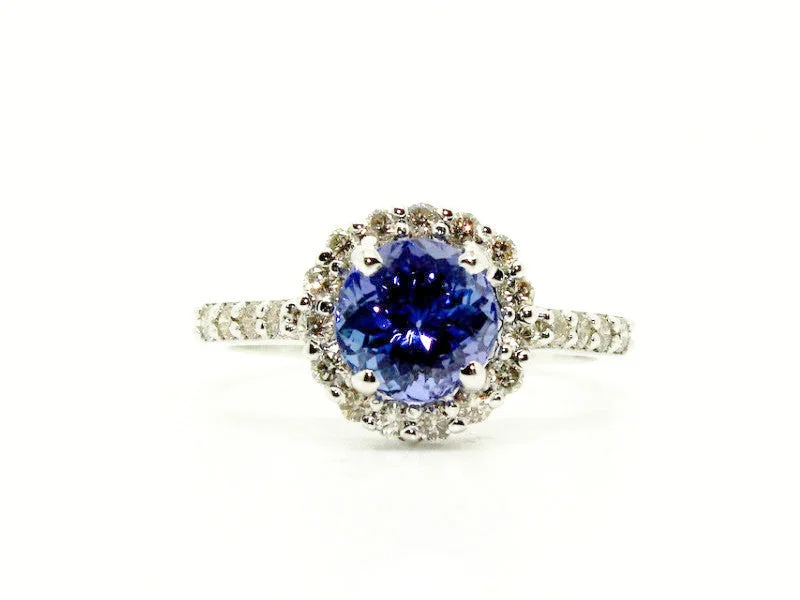 Silver Engagement Rings-Round Tanzanite & Halo Diamond Ring AD No. 1003