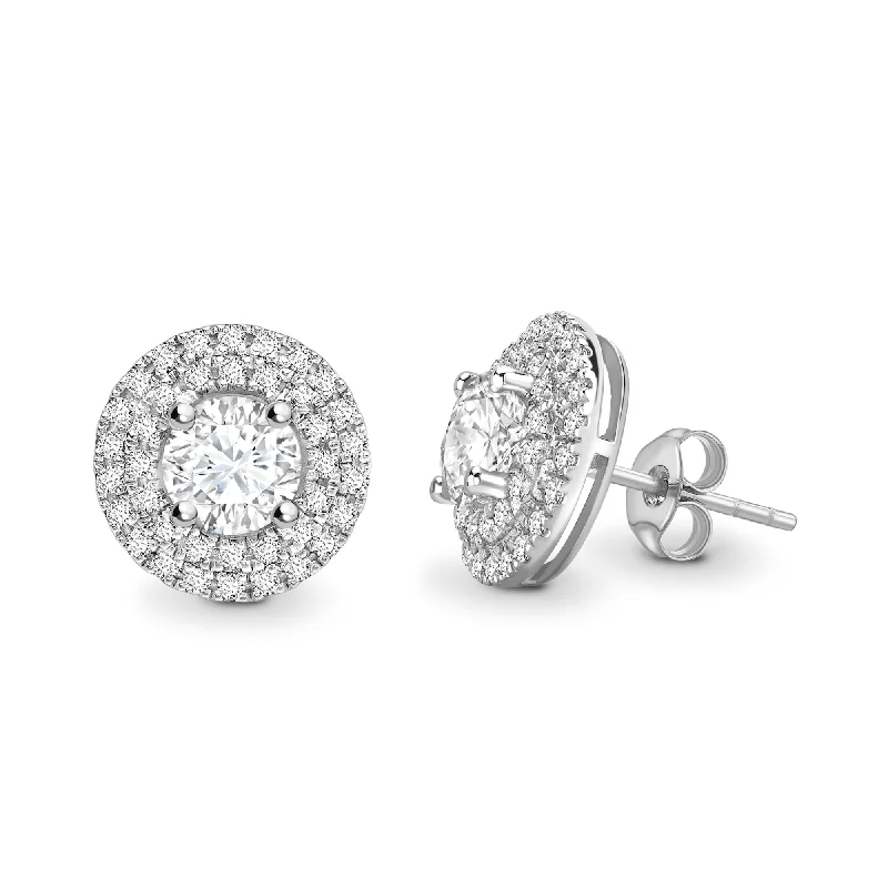 Sparkling Crystal Earrings-ROUND DIAMOND DOUBLE HALO STUD EARRINGS