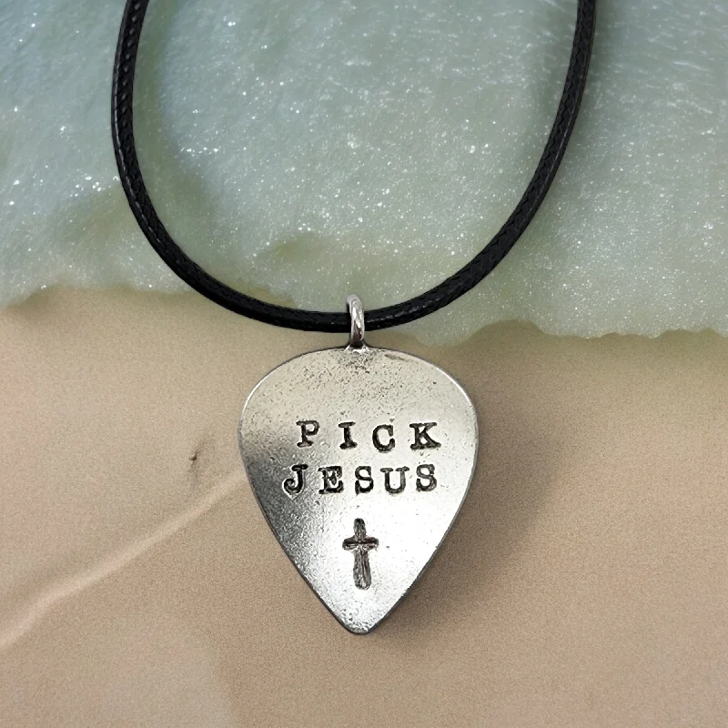 Romantic Rose Gold Necklaces-Guitar Pick Jesus Cross Antique Silver Finish Pendant Black Cord Necklace