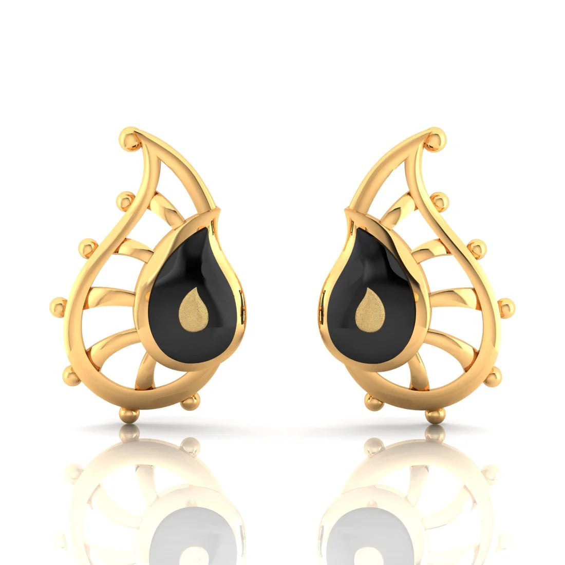 Custom Birthstone Earrings-22k (916) Gold Earrings Paisley Studs With Black Meena