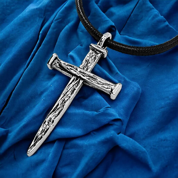 Personalized Friendship Necklaces-Nail Cross Large Rugged Rhodium Metal Finish Pendant Black Cord Necklace