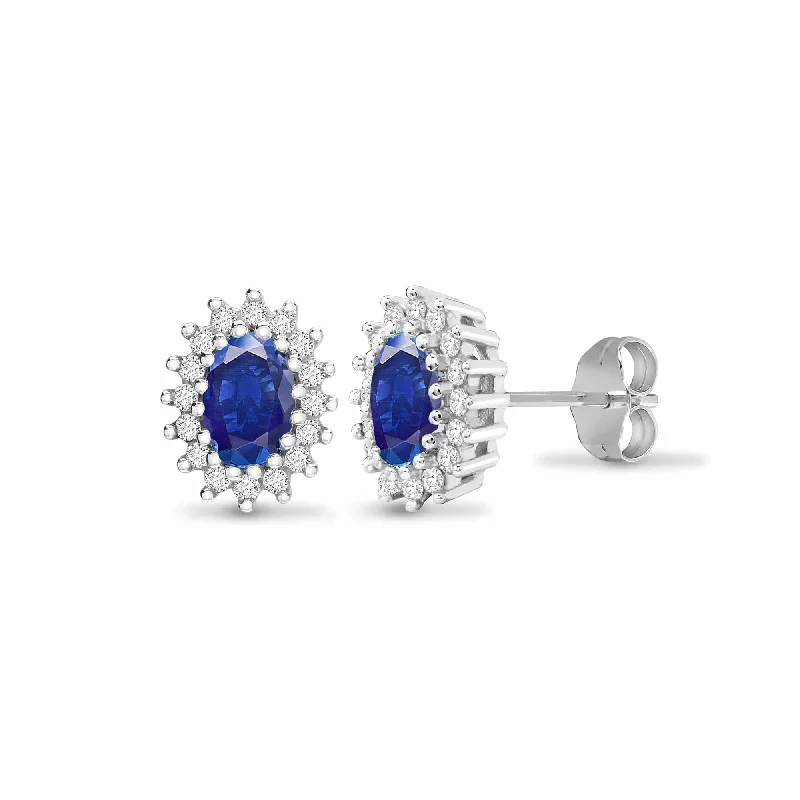 Colorful Drop Earrings-SAPPHIRE HALO STUD EARRINGS IN 9K WHITE GOLD