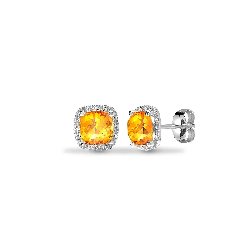 Long Gold Earrings-CITRINE HALO STUD EARRINGS IN 9K WHITE GOLD