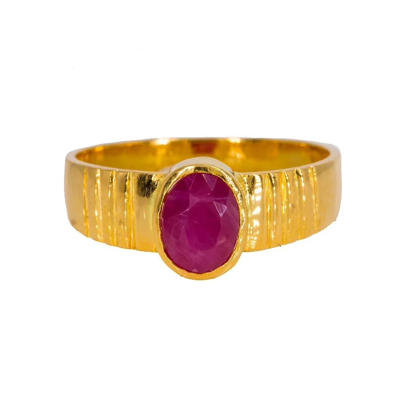 Rose Gold Wedding Rings-22K Yellow Gold Men's Ring W/ Ruby & Semi-Lined Band