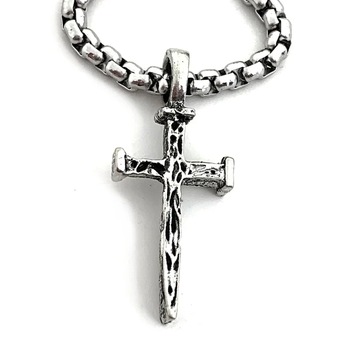 Large Gemstone Necklaces-Nail Cross Antique Silver Stainless Steel Heavy Chain Necklace