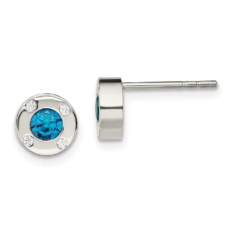 Sterling Silver Earrings-Stainless Steel Polished Blue and Clear CZ Post Earrings