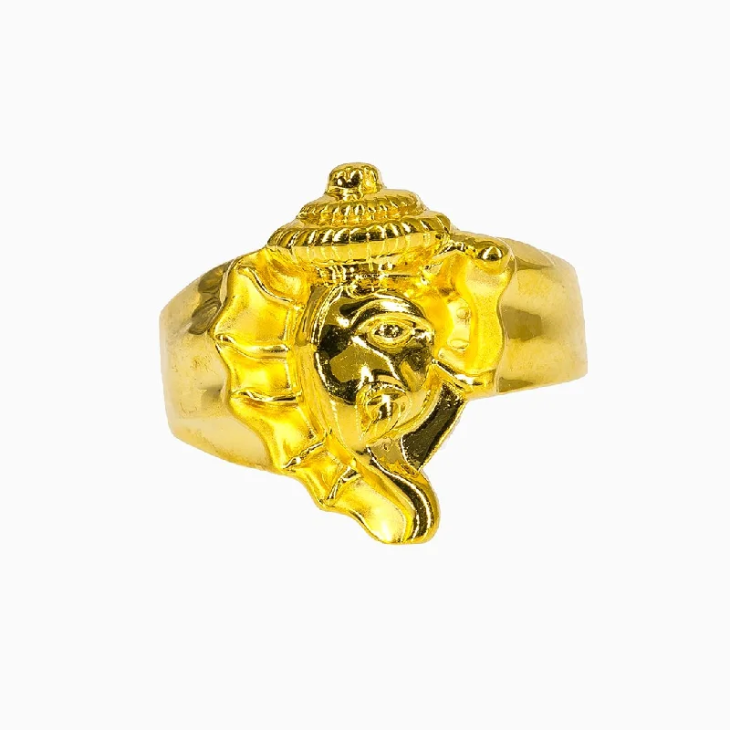 Fashionable Silver Rings-22K Yellow Gold Ganesh Ring For Men W/ Asymmetrical Design