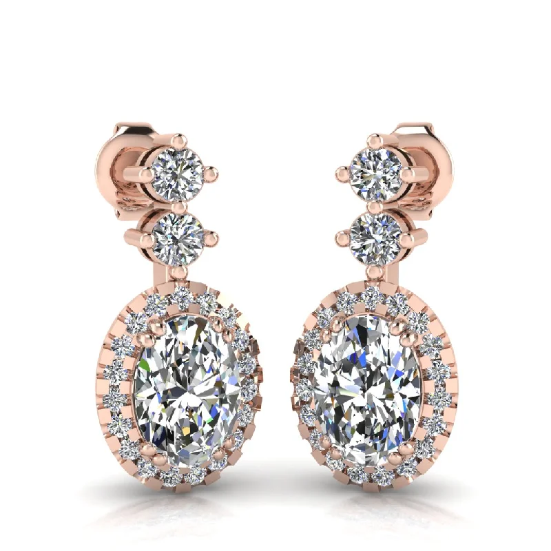 Golden Crystal Earrings-1.40 Carat Oval Shape Halo Natural Diamond Drop Earrings E1OCD