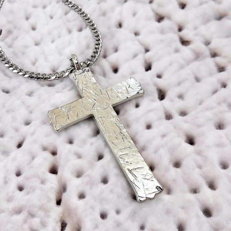 Long Pendant Necklaces-Hammered Cross Rhodium Metal Finish Chain Necklace