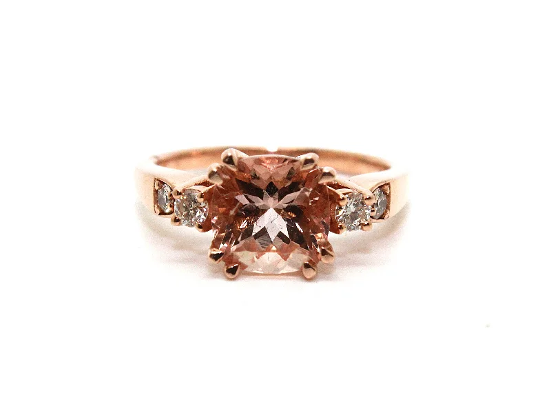 Designer Platinum Rings-Cushion Cut Morganite and Diamond Ring Ad No. 2410