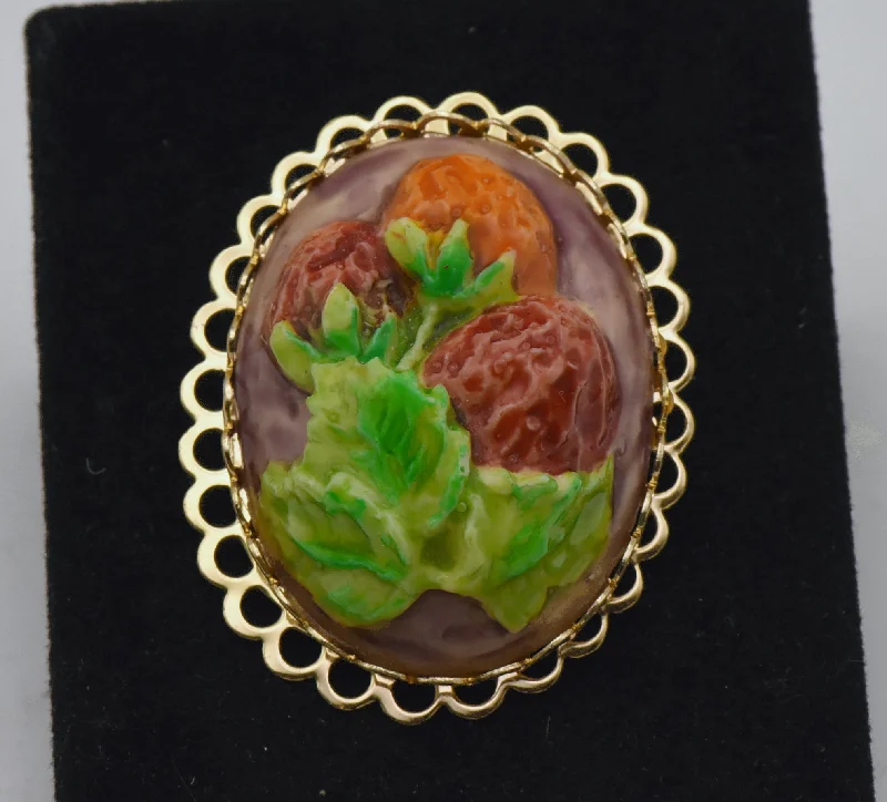 High-End Brooch with Diamonds-Vintage Ceramic Painted Strawberries Brooch