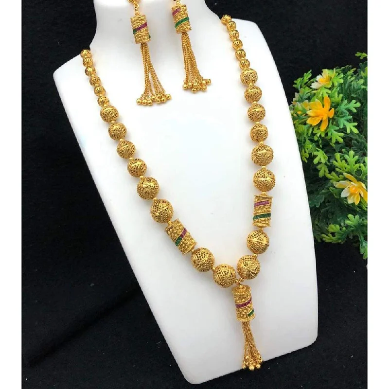 Long Diamond Necklaces-India Art Gold Plated Long Necklace Set