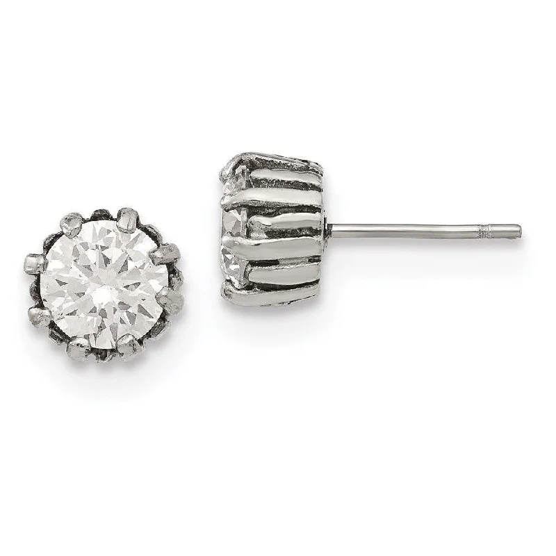 Fashion Earrings for Special Occasions-Stainless Steel Antiqued and Polished CZ Post Earrings