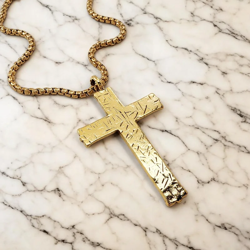 Personalized Family Necklaces-Hammered Cross Gold Metal Finish Gold Heavy Chain Necklace