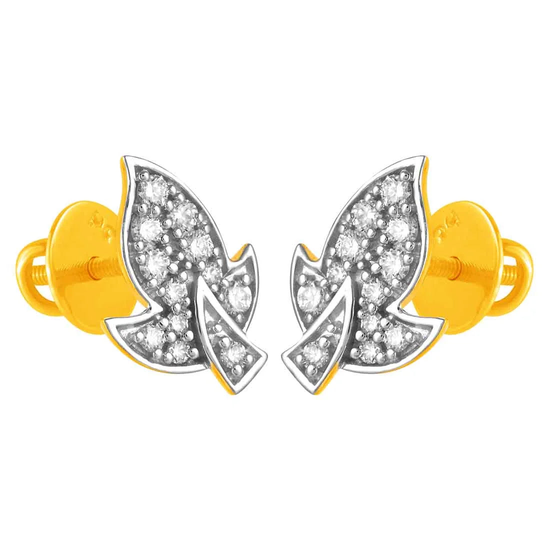 Premium Gold Earrings-14KT (585) Yellow Gold & Diamond Leafy Stud Earrings