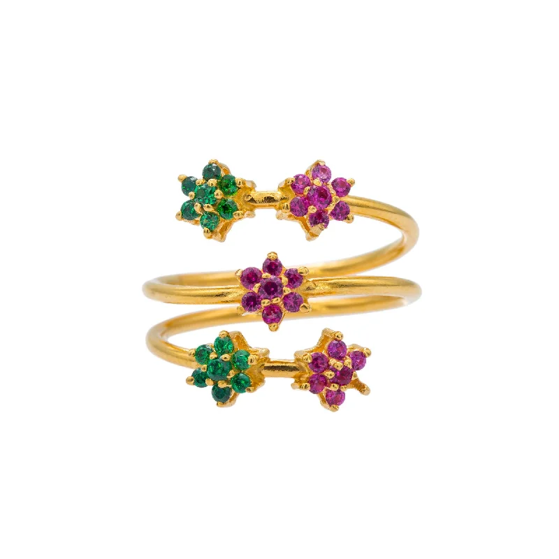 Personalized Birthstone Rings-22K Yellow Gold CZ Ring W/ Cluster Flowers & Spring Band