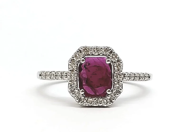 Gemstone Solitaire Rings-Emerald Cut Ruby and Diamond Halo Ring AD NO.-2151