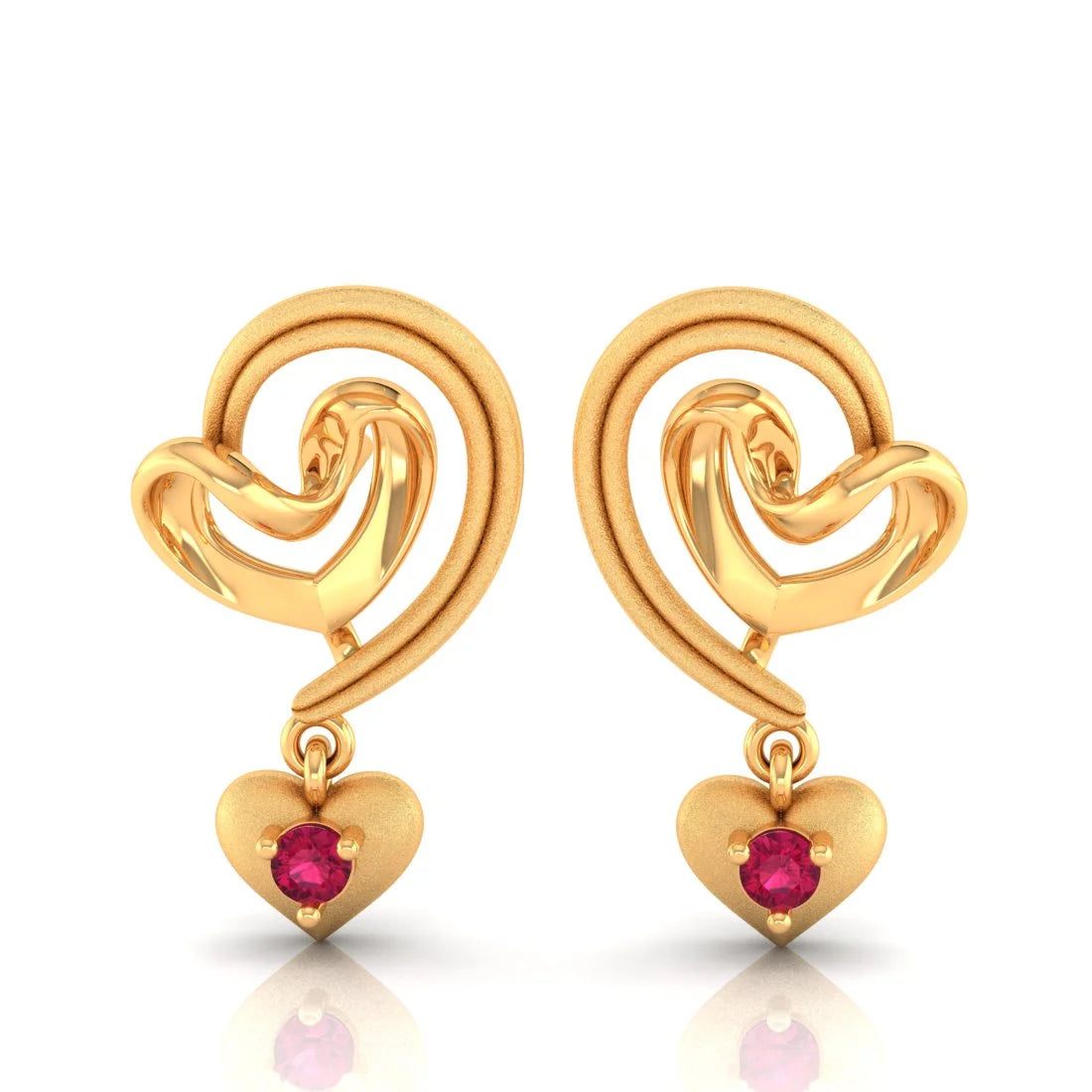 Multi-Colored Gemstone Earrings-22k (916) Gold Earrings Swirling Design With Heart Shaped Dangles And Embedded Stones