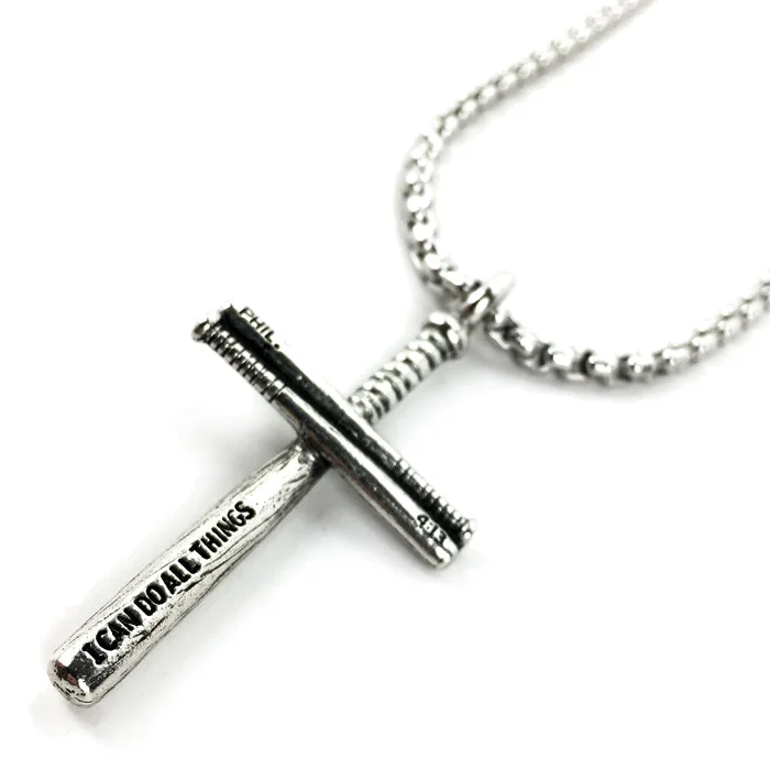 Elegant Bridal Necklaces-Baseball Bat Cross Necklace Pewter on Heavy Chain