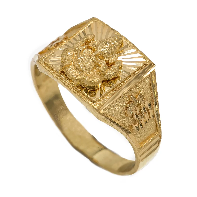 Birthstone Rings for Men-22K Yellow Gold Signet Ring for Men W/ Ganesh Design & Artisan Etched Band